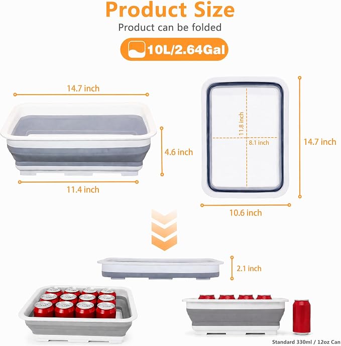 Goderewild Collapsible Dish Pans – 10L (2.6 Gal) Foldable Sink Tub, 14.7x10.6x4.6 in(L×W×H), Compact and Space-Saving Multiuse Foldable Basin for Dish Washing, Camping, RV and Vegetable Cleaning(Gray)