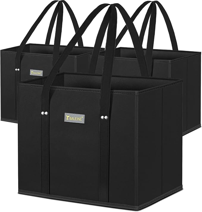 BALEINE 3PK Reusable Grocery Bags, Heavy Duty Shopping Tote Bag | 12'' Long Handles, Reinforced Bottom Keeps Upright, Fold Flat Storage, Water-Resistant Shopping Bag, Multiple Color Options