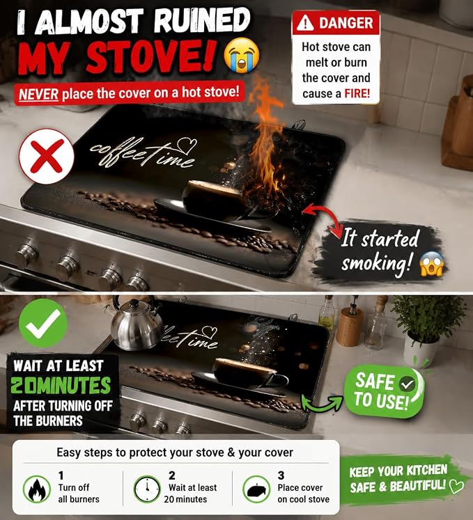 Electric Stove Top Cover for Glass Top, Coffee Time Cafe Decor – Heat Resistant Flat Stove Top Covers, Decorative Scratch Protector Mat for Glass Ceramic Cooktop, Non-Slip, 28"x20"