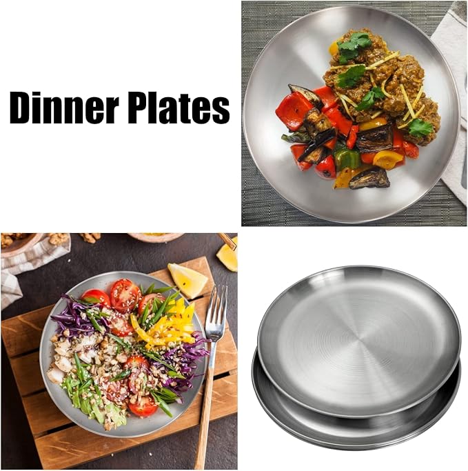 CAMBUY Stainless Steel Plates 9 inch 10 Pcs Metal Dinner Dishes Plate Set | Reusable Unbreakable Lightweight Non-Toxin Dishwasher Safe BPA Free Dish Set for Home Kitchen BBQ Restaurant Outdoor Camping