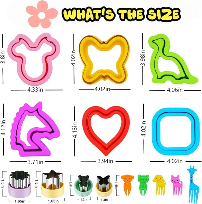 Uncrustable Sandwich Cutter, Crustless Sandwich Cutter and Sealer Set | 24PCS Sandwich Cookie Cutters & Forks, Heart Square Dino Mouse Butterfly Unicorn Shapes, Lunch & Bento Box Accessories