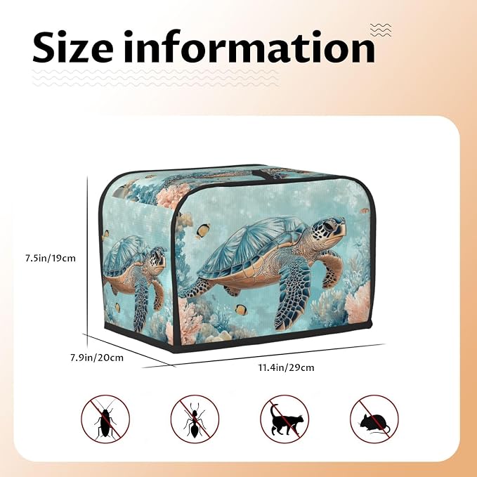 2 Slice Toaster Cover Turtle Sea Coral Ocean Dust Proof Washable Kitchen Appliance Cover with Pocket, Oxford Fabric Countertop Toaster Protector for Standard Toasters Small Appliances