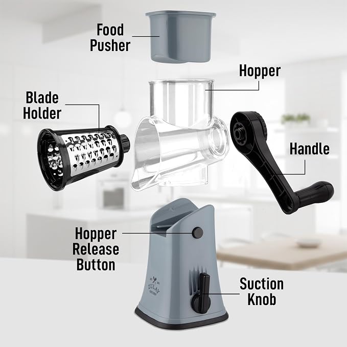 Zulay Kitchen Rotary Cheese Grater 5 Blade Cheese Shredder - Manual Hand Crank Cheese Grater With Reinforced Suction & 5 Interchangeable Drums - Easy to Use, Vegetable Chopper Round Mandoline Slicer