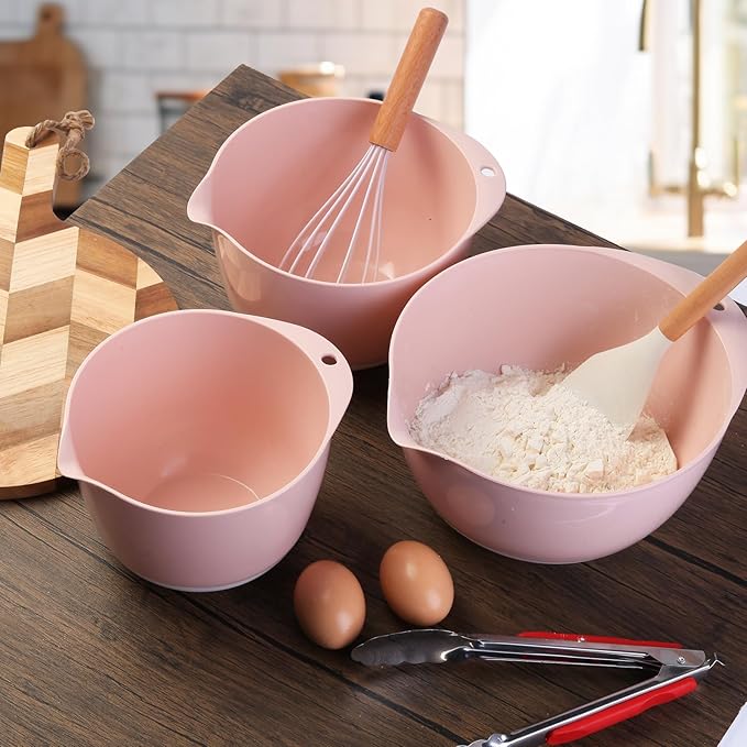 3 Small Mixing Bowls Set with Lids,Grips,Pour Spout and TPR Bottom, Plastic Nesting Bowl Use for Kitchen Cooking-Prep,Serving,Baking Bread Cake,Pancake,Non-slip,3Qt,2Qt,1.5Qt,Pink