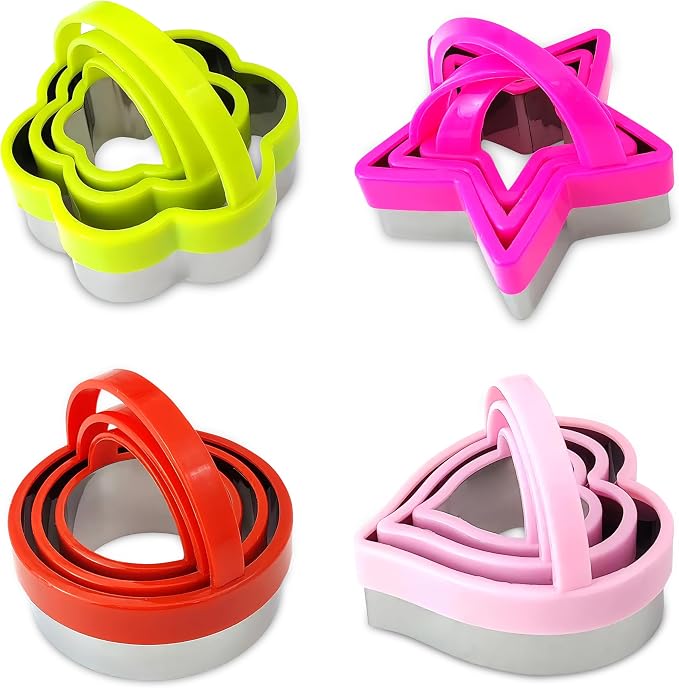 12-Piece Stainless Steel Cookie Cutter Set with Handles - Heart, Flower, Round, Five Star Shapes - Fruit Vegetable, Small Stainless Steel Biscuit Mold for Baking (Multicolor)
