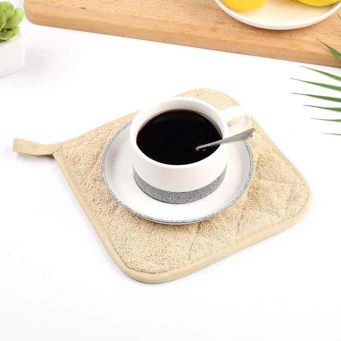 Pot Holders for Kitchen, 100% Cotton Terry Pot Holder Set of 5, Heat Resistant Hot Pads for Cooking, Baking, Hot Dishes and Countertop Protection,Light Brown