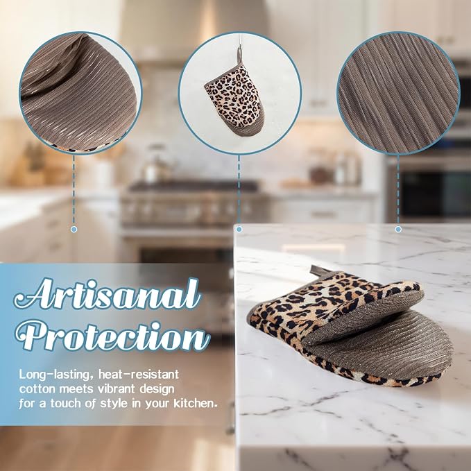 Ribbed Mini Oven Mitts 2-Pack Set, 5.5"x8.5", Leopard Printed, Heavy Duty Cotton, Non-Slip Heat Resistant Soft Silicone Oven Mitts with Hanging Loop for Cooking Kitchen Decor
