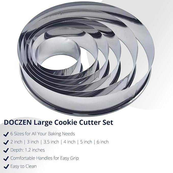 Doczen Large Round Cookie Cutter 6 PCS (2, 3, 3.5, 4, 5, 6 Inch) Set, 6-Piece Stainless Steel Biscuit Cutters, Heavy Duty Metal Ring Mold for Burger Press & Meat Shaping, Tortilla Crust