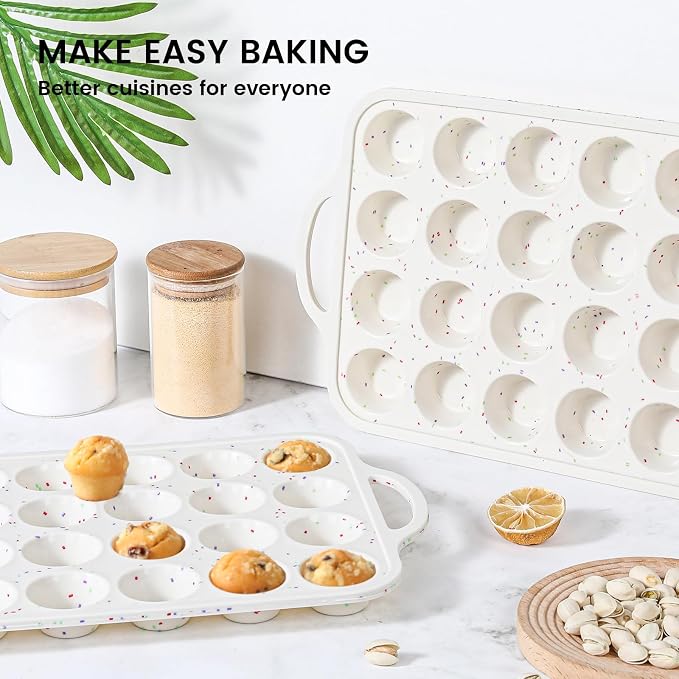 Vinino Mini Muffin Pan with Metal Reinforced Frame-1Pack, Silicone Cupcake Pan for Baking 24 Cup Mini Size, BPA Free Silicone Muffin Tray, Cupcake Baking Pan Molds for Oven Dishwasher Safe-Cream