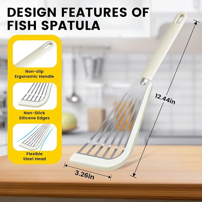 Silicone Fish Spatula, Heat Resistant Silicone Edge for Nonstick Cookware, Fish Turner for Kitchen Use, Flexible and Thin Stainless Steel Cooking utensils, 12.2 * 3.42 Inch, White