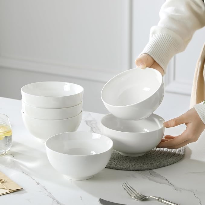 MALACASA 26 Oz Ceramic Soup Bowls Set of 6, White Cereal Bowls for Kitchen | Perfect for soup, cereal, ramen, rice, oatmeal & salad; Scratch-resistant ; stackable, microwave, oven & dishwasher safe
