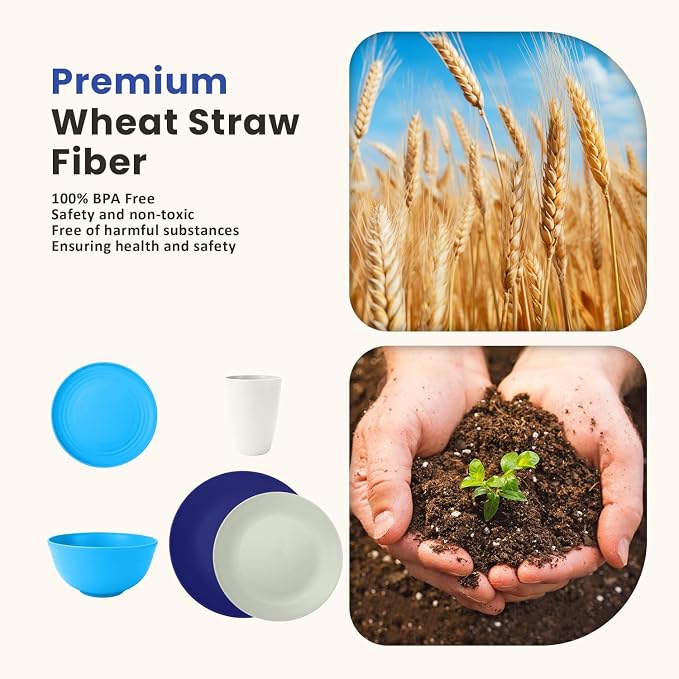 40 PCS Wheat Straw Plates and Bowls Sets, Cups Sets, Service for 8, Unbreakable Microwave and Dishwasher Safe Dinnerware Sets,Reusbale Plastic Dishes Set - Island, Matte