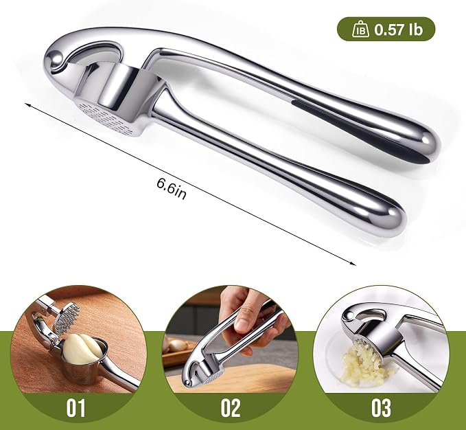 Kitchen Garlic Press, Rust Proof & Dishwasher Safe Garlic Mincer, Durable Garlic Crusher, Easy to Clean and Squeeze, Chrome