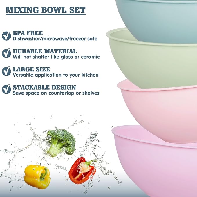 Greentainer 4-Piece Plastic Mixing Bowl Set, 113oz Lightweight Serving Bowls, Large Salad Bowls for Baking,Prepping, Cooking and Serving Food, Dishwasher & Microwave Safe