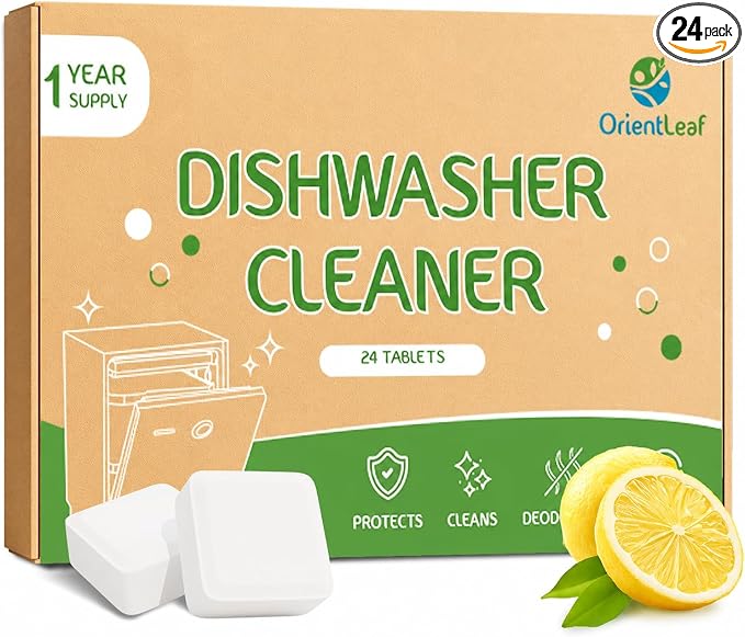 OrientLeaf Dishwasher Cleaner And Deodorizer 24 Pack, 1 Year Supply Dishwasher Cleaning Tablets, Descaler, Removes Limescale, Hard Water Marks, Grease and Odors, Lemon Scent