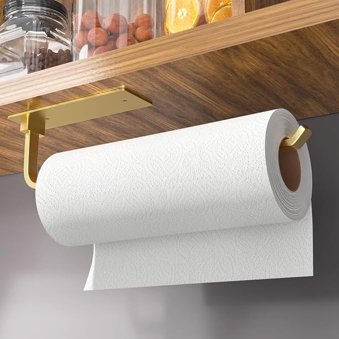 Paper Towel Holder Under Cabinet, Self-Adhesive or Drilling, Gold | Kitchen Roll Dispenser | Under-Cabinet or Wall-Mounted | Upgraded Aluminum | Lighter Yet Stronger Than Stainless Steel