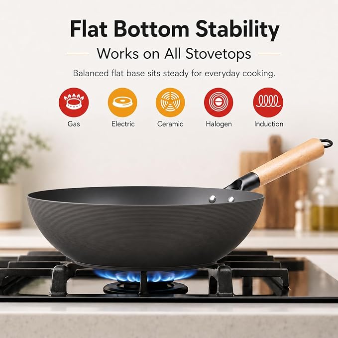 High-Purity Iron Carbon Steel Wok with Lid, 11.8 Inch Flat Bottom Wok Pan, Uncoated Stir Fry Pan with Wood Handle, Compatible with Gas, Electric, Induction and Ceramic Stoves