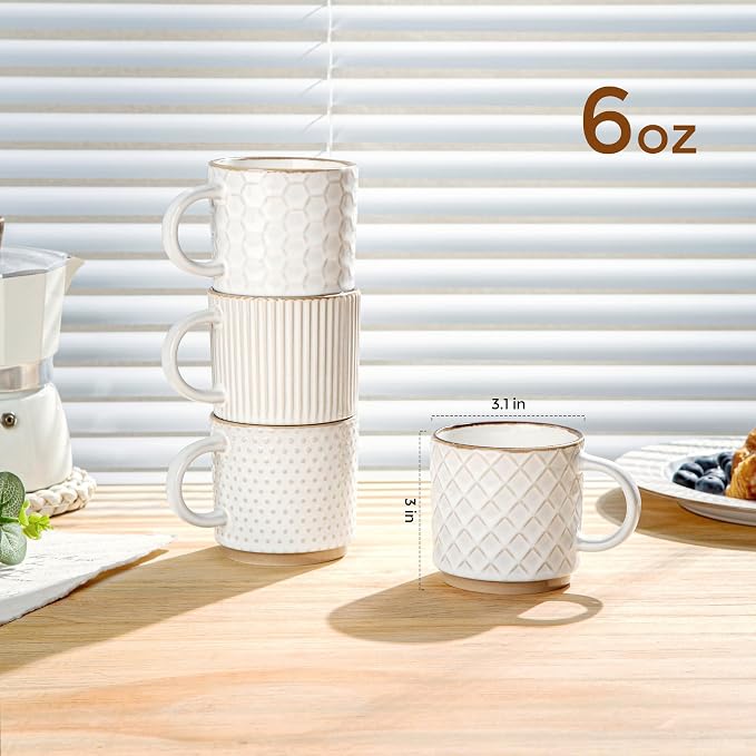 GBhome 6 OZ Stackable Coffee Mugs Set of 4, Ceramic Coffee Cups Set | 4 Assorted Designs, Embossed Mugs with Texture Patterns for Espresso/Tea, Dishwasher&Microwave Safe, Off White