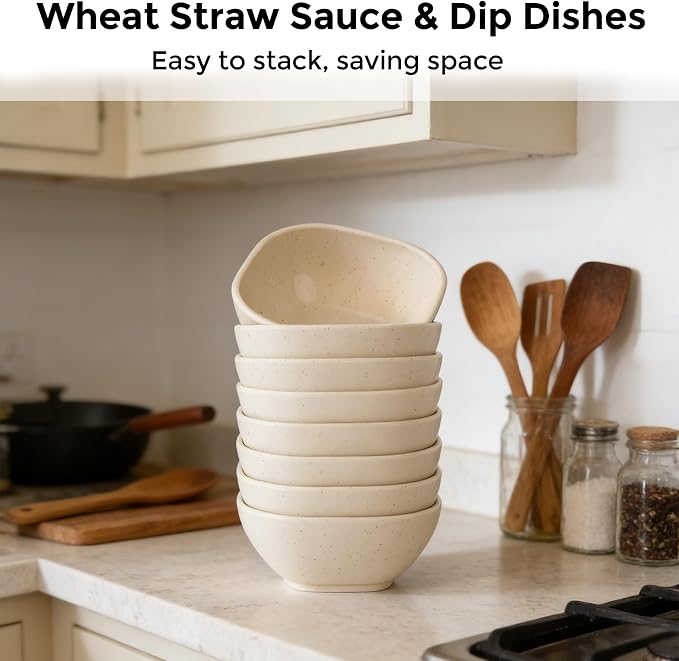 Dipping Bowls,Sauce Cups,Sauce Bowls,Small Bowls for Dips,4.5 oz,9 Pack | Unbreakable Small Plastic Bowls,Small Dessert Bowls,Mini Prep Bowls,Wheat Straw Small Bowls for Side Dish, Ketchup, BBQ-Beige