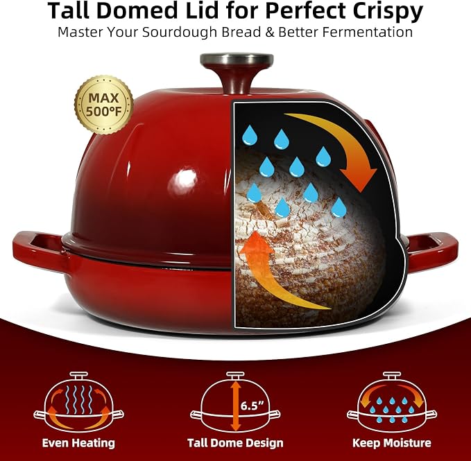 Davivy Enameled Cast Iron Sourdough Dutch Oven, 5QT Dutch Oven for Sourdough Bread, Round Cast Iron Bread Pan Bread Cloche - Cherry Red