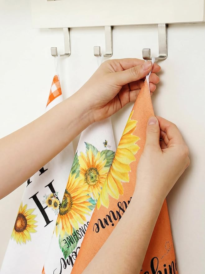 4 Pcs Sunflower Kitchen Towels Burnt Orange Hand Dish Towels Gift | Absorbent Sunshine Grid Fast Drying Tea Dishcloth Housewarming Gift for Cooking Bathroom Kitchen Decor