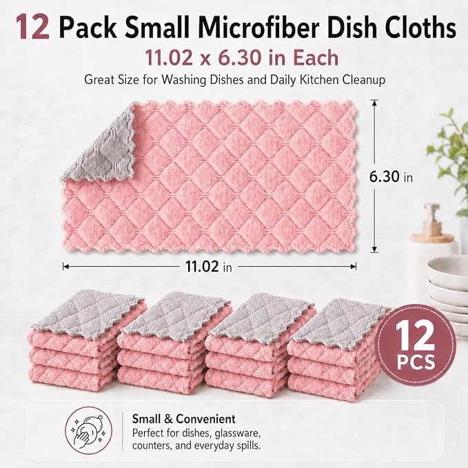 kimteny 12 Pack Dish Cloths for Washing Dishes | Super Absorbent Microfiber Kitchen Dish Rags, Fast Drying Coral Velvet Dish Cloths for Kitchen Counter and Dishes, Pink-Grey