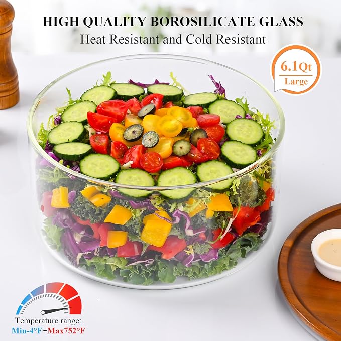 LOVYANXUE 197 oz Large Glass Salad Bowl with Acacia Wood Lid - Glass Trifle Bowl, Versatile Serving Bowls for Cake, Salad, Fruit, Baking, Dessert, Meal Prep, Storing, Microwave & Oven Safe, BPA Free