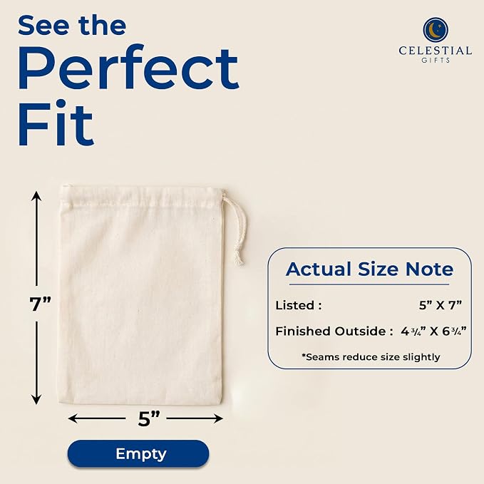Celestial Gifts 5x7 Muslin Bags, 50 Pcs, 100% Cotton Drawstring Bags | Made in USA, Natural Hem & Drawstring, For Party Favors, Parts, Cowboy Coffee & More, Small Tea, Spice, Herb & Soap Bags