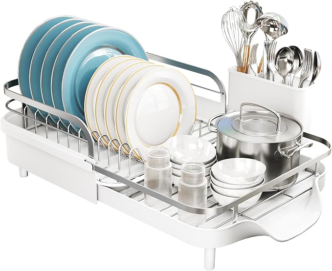 SNTD Expandable Dish Drying Rack for Kitchen Counter, 15.2-22.1 in, White | Rust-Resistant Stainless Steel, Protective Side Rails, Self-Draining Drainboard, Removable Utensil Holder