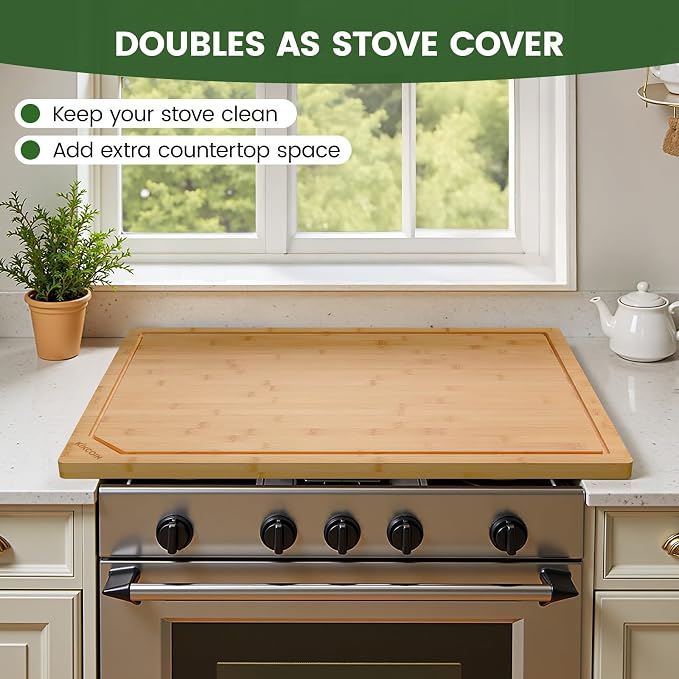 Kikcoin 36”×24” Bamboo Cutting Boards for Kitchen, Heavy Duty Wooden Cutting Boards, Healthy Extra Large Chopping Boards with Deep Juice Groove and Handle, Oversized Stove Top Cover, Natural