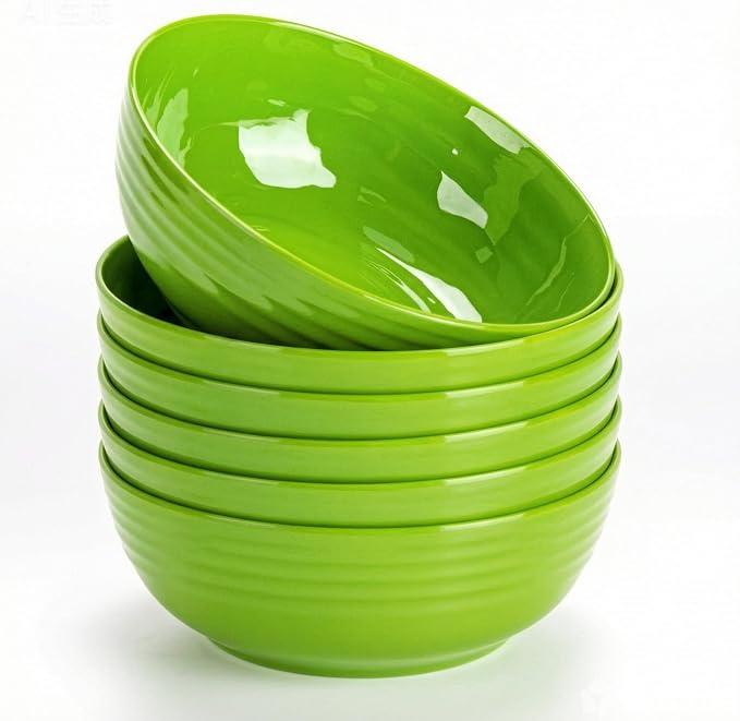 7-Inch Melamine Bowls (Set of 6) - Unbreakable and Reusable Plastic Dinnerware with Ceramic Feel, Stackable and Dishwasher-Safe - Versatile for All Meals (Green)