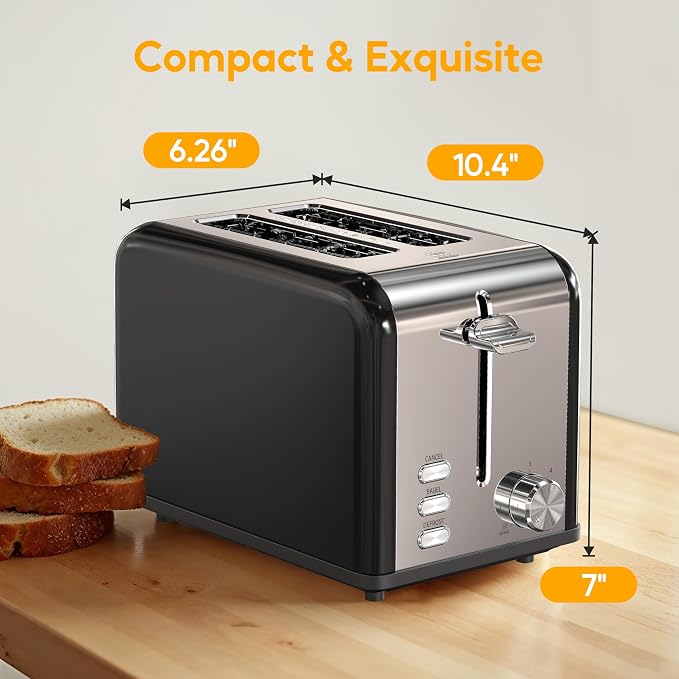 HealSmart 2-Slice Stainless Steel Toaster, 6 Browning Setting and 3 Function Toaster, Extra Wide Slot & Removable Crumb Tray, for Bread & Waffle, Black