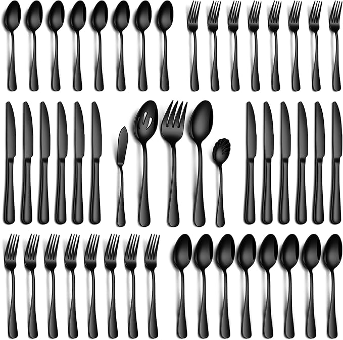 PHILIPALA 45 Piece Black Silverware Set with Serving Utensils, Stainless Steel Flatware Set for 8 Food Grade Cutlery Utensil Set Include Knife Fork Spoon Mirror Polished Dishwasher Safe