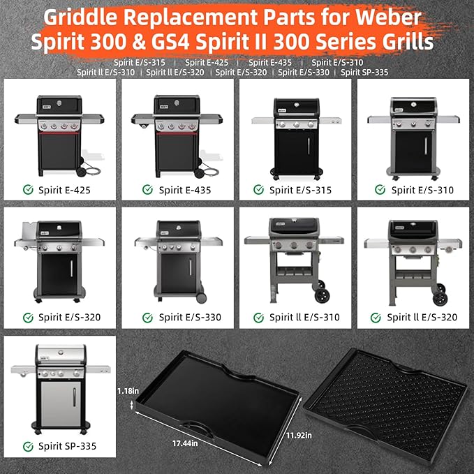 Grill Griddle for Weber Spirit 300 Series | Dual Sided Sear Parts for Spirit II 300,Spirit E/S310 E/S315 320 330 SP320,Spirit 700,Genesis 1000-3500,Gold & Silver B/C Gas
