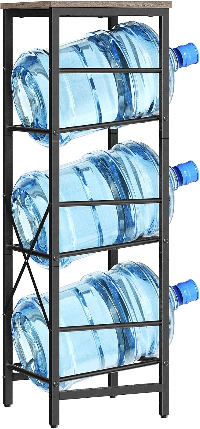 HOOBRO Water Jug Rack, Water Bottle Holder, 5 Gallon Water Jug Rack, 3-Tier Water Cooler Storage Rack, Water Dispenser Stand, for Kitchen, Living Room, Office, Greige and Black BG01ST01