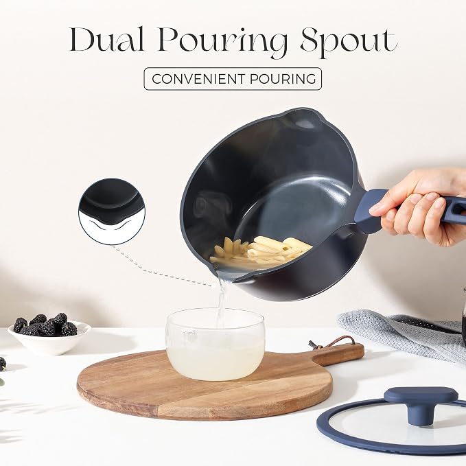 PRICUSIS Ceramic Nonstick Saucepan with Lid, 1.3 Quart Non Toxic Pot with Pour Spouts, Full Coated, 100% Dishwasher Safe, Induction Compatible, PTFE PFAS & PFOA Free, Blueberry Mist