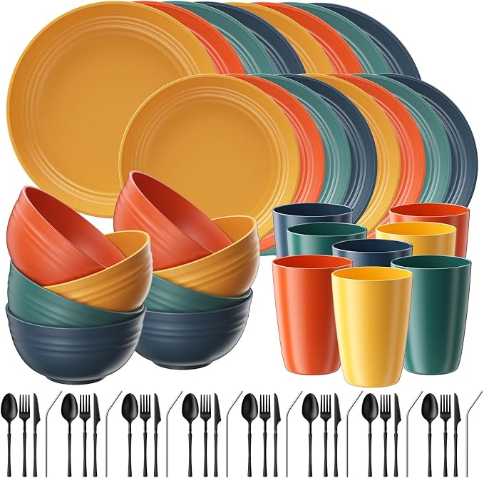 Quatish 64 Piece Plates and Bowls Sets for 8, Unbreakable Dinnerware Sets, Plastic Dish Set for Camping, Dishwasher Microwave Safe, Outdoor Kitchen and Apartment Dinning RV Essentials, MC