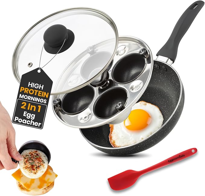 2 IN 1 Egg Pan & Egg Poacher Pan, Granite Nonstick Fry Pan Poached Egg Maker and Frying Skillet with Lid, Poached Eggs Cooker Food Grade Safe PFOA Free with Spatula, Egg Cookware - 4 Cups