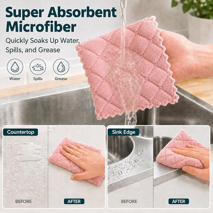 kimteny 12 Pack Dish Cloths for Washing Dishes | Super Absorbent Microfiber Kitchen Dish Rags, Fast Drying Coral Velvet Dish Cloths for Kitchen Counter and Dishes, Pink-Grey
