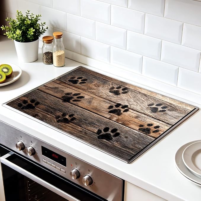 Paw Print Stove Top Cover 28x20 Inch Decorative Electric Stove Cover | Heat Resistant Cooktop Protector Mat with Non-Slip Backing, Scratch Protection and Countertop Drying Mat.