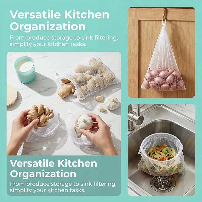 100Pcs Hanging Mesh Storage Onion Tomato Garlic Ginger Net Vegetable Fruit Seafood Bag Reusable Washable Garbage Filter Mesh Bags for Kitchen Accessories