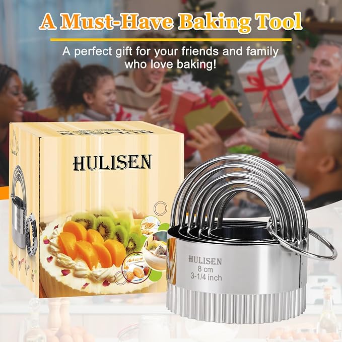 HULISEN Biscuit Cutter Set 5-Pc, Fluted Cookie Cutters with Handle | Stainless Steel, Dishwasher Safe, Etched inch/cm Markings, Gift-Ready Package, Ergonomic Arched Grip, Scones Linzer Cookies