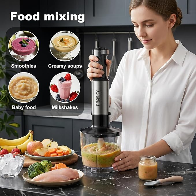 Immersion Blender Handheld 1200W, 20-speeds, 5-in-1 Handheld Mixer | Mining Beaker,Chopper,Whisk, Frother and Stick Blender Suitable for Kitchen, Protein Shakes and Baby Food - Silver