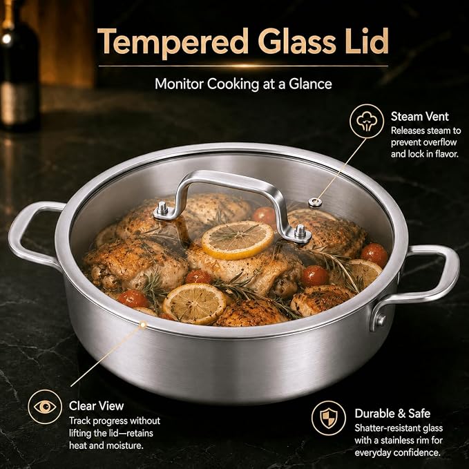 DELARLO Tri-Ply Stainless Steel 10 Inch Frying Pan 3QT Saute Pan With Lid Kitchen Skillets Induction Compatible Chef Cooking Pan Dishwasher & Oven Safe