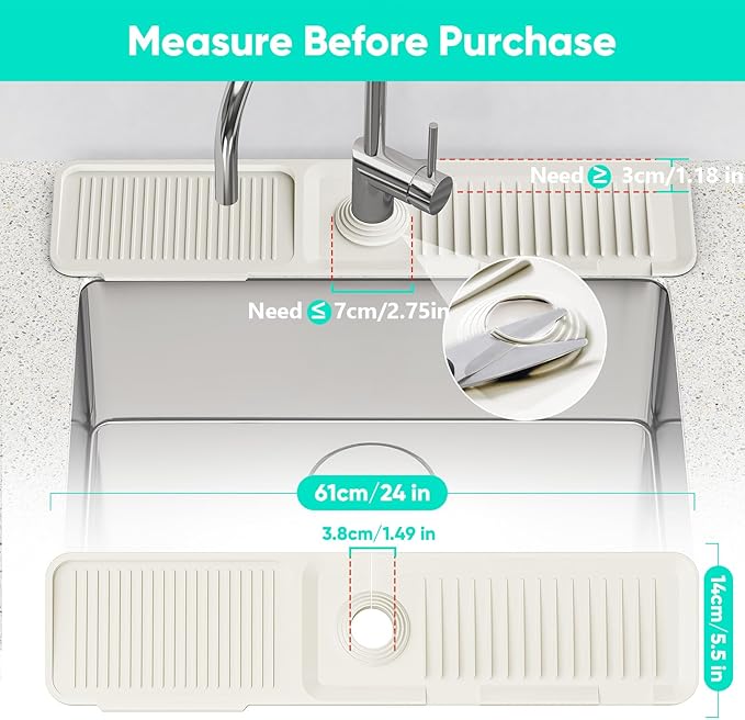 24'' Faucet Mat for Kitchen Sink [5°Slope Fast Self-draining] Faucet Mat Kitchen Sink Splash Guard Silicone Sink Faucet Mat Splash Guard Kitchen Sink Area Tidy Splash Faucet Guard Draining Mat-Beige