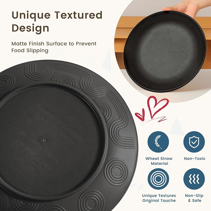 40-Pieces Wheat Straw Dinnerware Set, Kitchen Plastic Wheat Straw Dinnerware Set - Service for 8, Unbreakable Lightweight Dish Set for Kitchen, Camping - Plates Set, Bowls, Cups Set(Black)