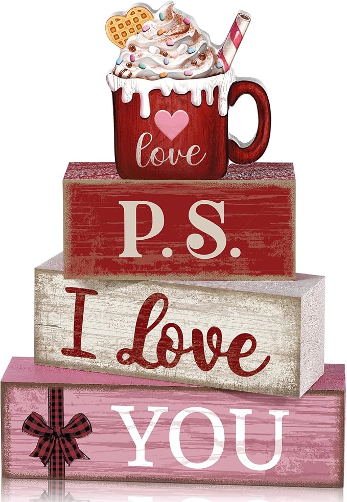 Lineshading 4 Pcs Wooden Block Signs, P.S. I Love You Tiered Tray Decor | Farmhouse Coffee Mug Topper Design, Valentine's Day Tabletop Display, Stackable Set for Home Accents, Distressed Wood