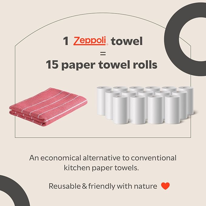 Zeppoli Classic Kitchen Towels - 6 Pack 100% Natural Cotton Towel Set, Reusable Wash Cloths, Absorbent Dish Towels, Machine Washable Hand Towels, Kitchen Essentials, 20� x 28� - Red VAR
