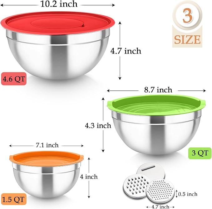 TeamFar Mixing Bowls, Stainless Steel Nesting Salad Bowls Set | Mixing Bowls with Lids & 3 Grater Attachments, For Mixing/Serving/Storing, Non-toxic & Long-lasting, 4.6/3/1.5 QT, Colorful