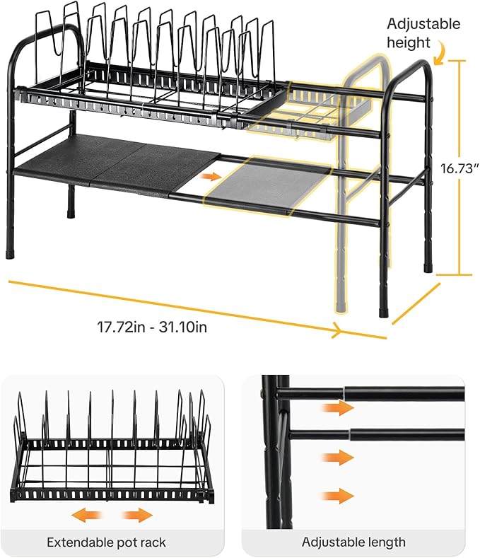 HULISEN Pots and Pans Organizer Under Cabinet, 2-Tier Expandable Pot Rack | 10 Dividers for Lid Separation, 5-Level Adjustable Height, Kitchen Cookware Pan Holder Shelf, Carbon Steel Frame